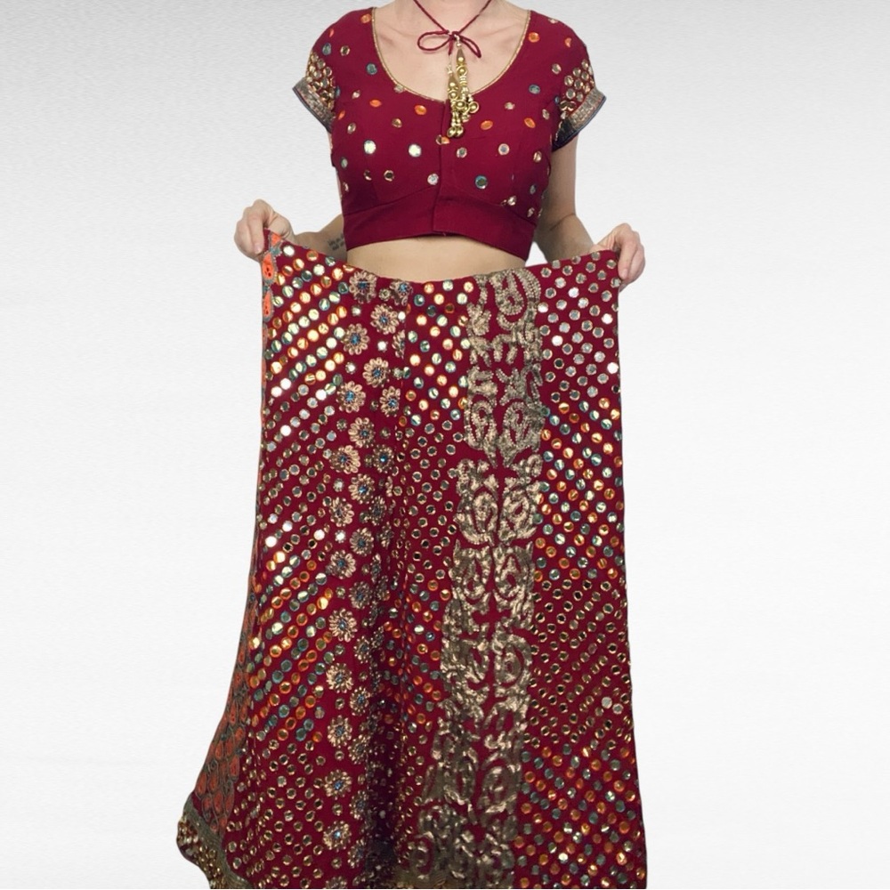 HANDMADE | Maroon Red & Gold Embroidered Sequined Indian Lehenga Choli Skirt Set